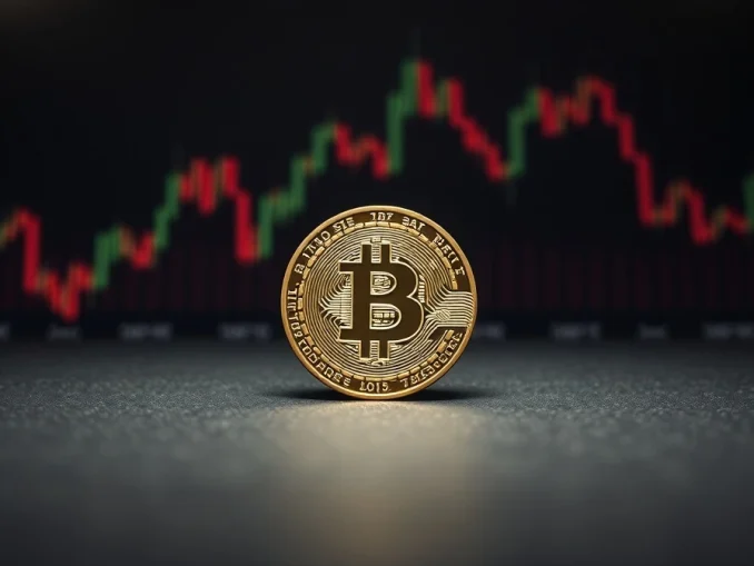Bitcoin coin on a dark surface with blurred stock charts in background