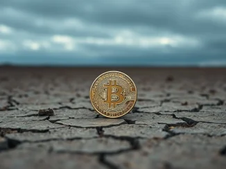 Bitcoin coin resting on cracked dry earth under overcast sky, representing market uncertainty.