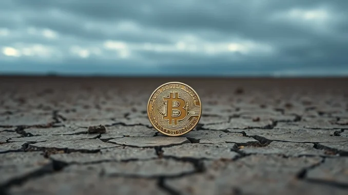 Bitcoin coin resting on cracked dry earth under overcast sky, representing market uncertainty.