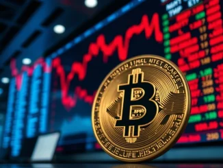 Bitcoin coin in foreground with red trading screens in background indicating ETF outflows