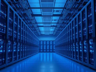 Interior of a large cryptocurrency mining facility with rows of glowing servers