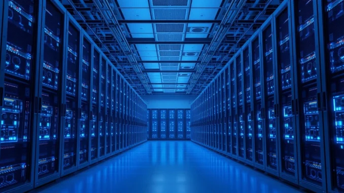 Interior of a large cryptocurrency mining facility with rows of glowing servers
