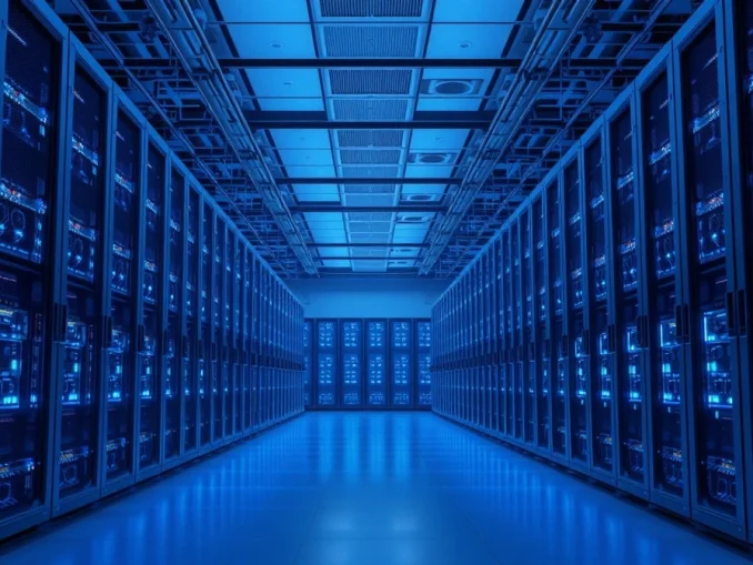 Interior of a large cryptocurrency mining facility with rows of glowing servers