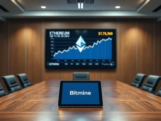 Corporate boardroom with digital screen showing rising Ethereum price chart
