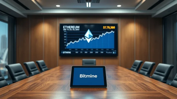 Corporate boardroom with digital screen showing rising Ethereum price chart