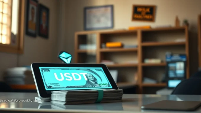 Bolivian bank counter with US dollars and a tablet showing the Tether USDT logo