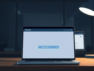 Laptop showing Claude AI interface with share chat feature highlighted and Google search results in background