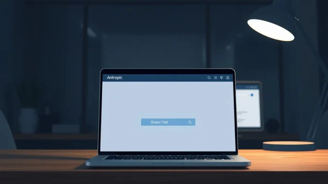 Laptop showing Claude AI interface with share chat feature highlighted and Google search results in background
