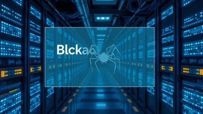 Data center server room with a digital barrier blocking an AI crawler bot