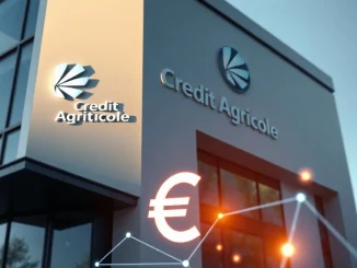 Crédit Agricole bank building with digital euro and blockchain network overlay representing EURXT stablecoin launch