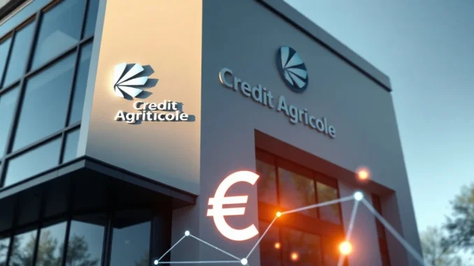 Crédit Agricole bank building with digital euro and blockchain network overlay representing EURXT stablecoin launch