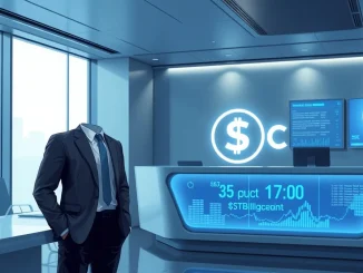 Professional banker in a modern financial setting with digital USDC and blockchain interface overlay