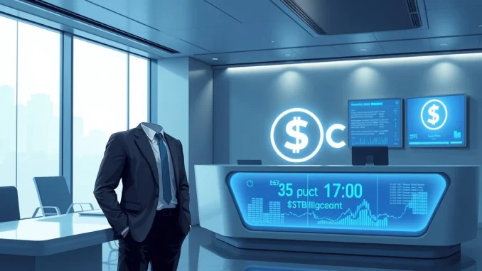 Professional banker in a modern financial setting with digital USDC and blockchain interface overlay
