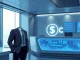 Professional banker in a modern financial setting with digital USDC and blockchain interface overlay