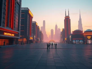 Futuristic Decentraland metaverse cityscape at dusk with neon buildings and digital avatars