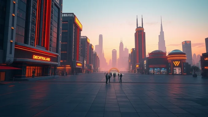 Futuristic Decentraland metaverse cityscape at dusk with neon buildings and digital avatars