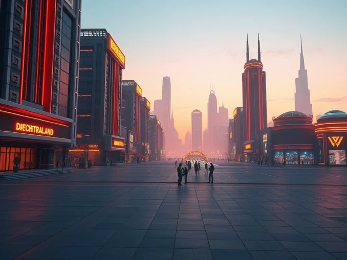 Futuristic Decentraland metaverse cityscape at dusk with neon buildings and digital avatars