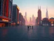 Futuristic Decentraland metaverse cityscape at dusk with neon buildings and digital avatars