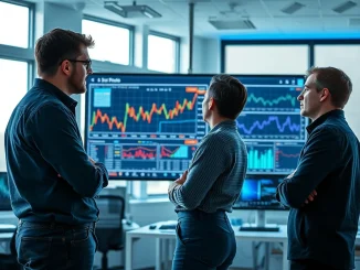Three EquiLibre Technologies founders in Prague office with AI trading screens