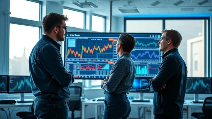 Three EquiLibre Technologies founders in Prague office with AI trading screens