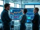 Three EquiLibre Technologies founders in Prague office with AI trading screens