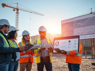 Construction team using AI compliance software on site with data center infrastructure in background
