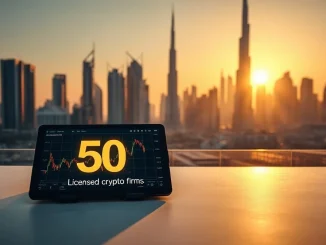Dubai skyline at sunset with a tablet showing a Bitcoin chart and a '50' badge representing licensed crypto firms