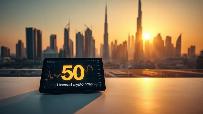 Dubai skyline at sunset with a tablet showing a Bitcoin chart and a '50' badge representing licensed crypto firms