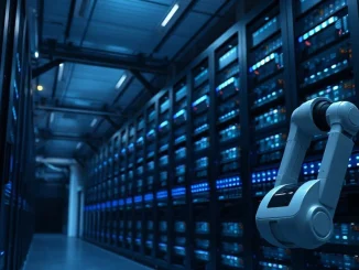 Interior of a modern data center with glowing server racks representing AI compute infrastructure