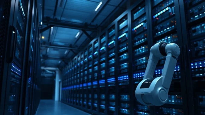 Interior of a modern data center with glowing server racks representing AI compute infrastructure