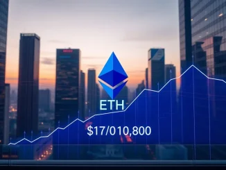 Ethereum price chart rising with digital cityscape and blockchain network lines