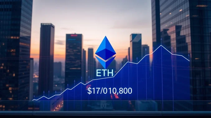 Ethereum price chart rising with digital cityscape and blockchain network lines