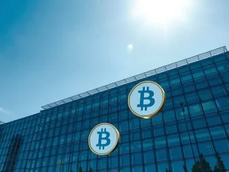 European Parliament building in Brussels under a clear sky with digital blockchain symbols in foreground