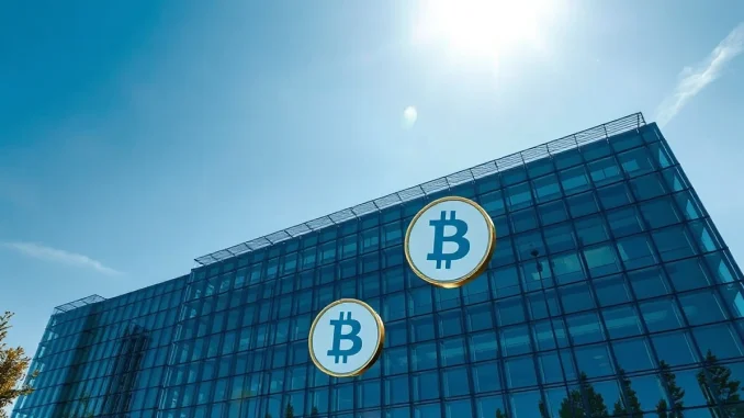 European Parliament building in Brussels under a clear sky with digital blockchain symbols in foreground