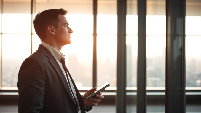 Professional businessman in suit standing in modern office with city skyline, representing financial executive
