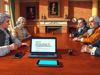 Colonial-era figures including Thomas Jefferson and Benjamin Franklin gathered around a laptop with Google Docs and Gemini AI.