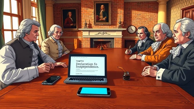 Colonial-era figures including Thomas Jefferson and Benjamin Franklin gathered around a laptop with Google Docs and Gemini AI.