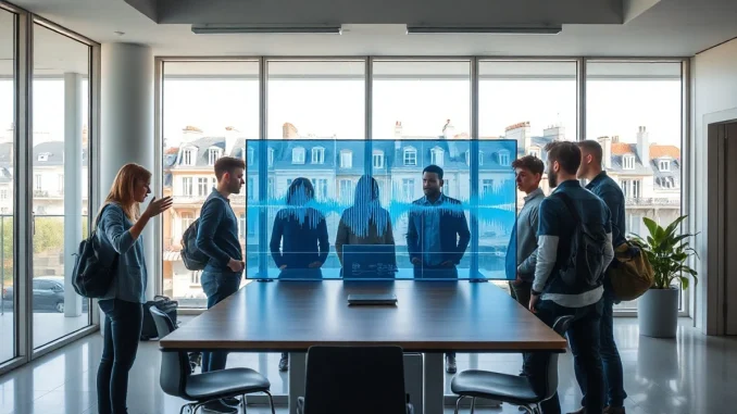 Team of tech professionals collaborating in a modern Paris office with a digital screen showing voice AI data