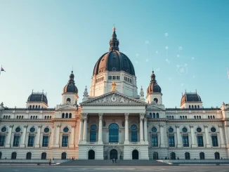 Hungarian Parliament building in Budapest with subtle digital crypto elements