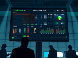 Digital trading screen showing prediction market data and World Cup odds in a modern newsroom
