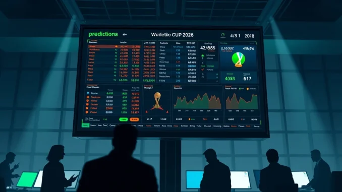 Digital trading screen showing prediction market data and World Cup odds in a modern newsroom