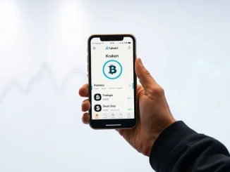 Person holding smartphone showing Kraken app with AI trading features