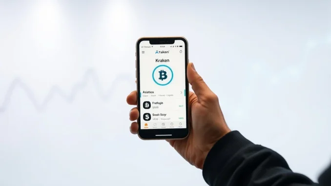 Person holding smartphone showing Kraken app with AI trading features