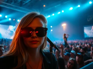Lorde performing on stage at Mad Cool Festival, with an audience member wearing smart glasses in the foreground
