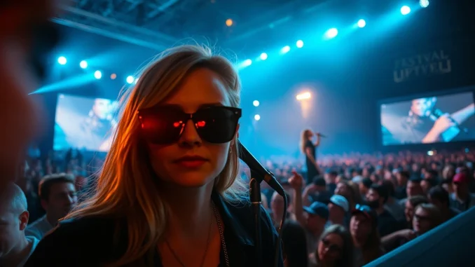Lorde performing on stage at Mad Cool Festival, with an audience member wearing smart glasses in the foreground