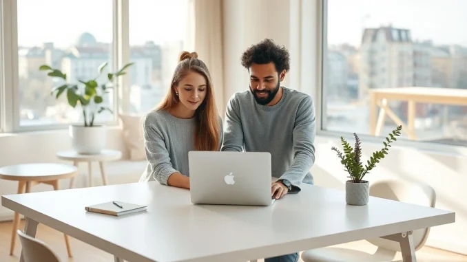 A team of young professionals in a Stockholm office collaborating on a laptop with a website builder interface.