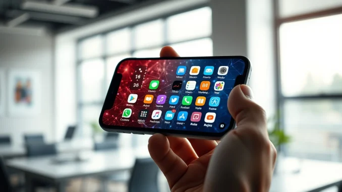 Smartphone screen showing a grid of app icons with a digital network background, representing Meta's AI-driven app development.