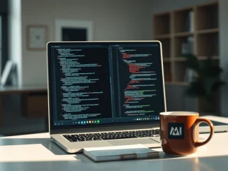 Laptop displaying AI coding interface with Meta's Muse Spark model in a modern office setting