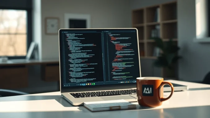 Laptop displaying AI coding interface with Meta's Muse Spark model in a modern office setting