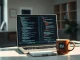 Laptop displaying AI coding interface with Meta's Muse Spark model in a modern office setting